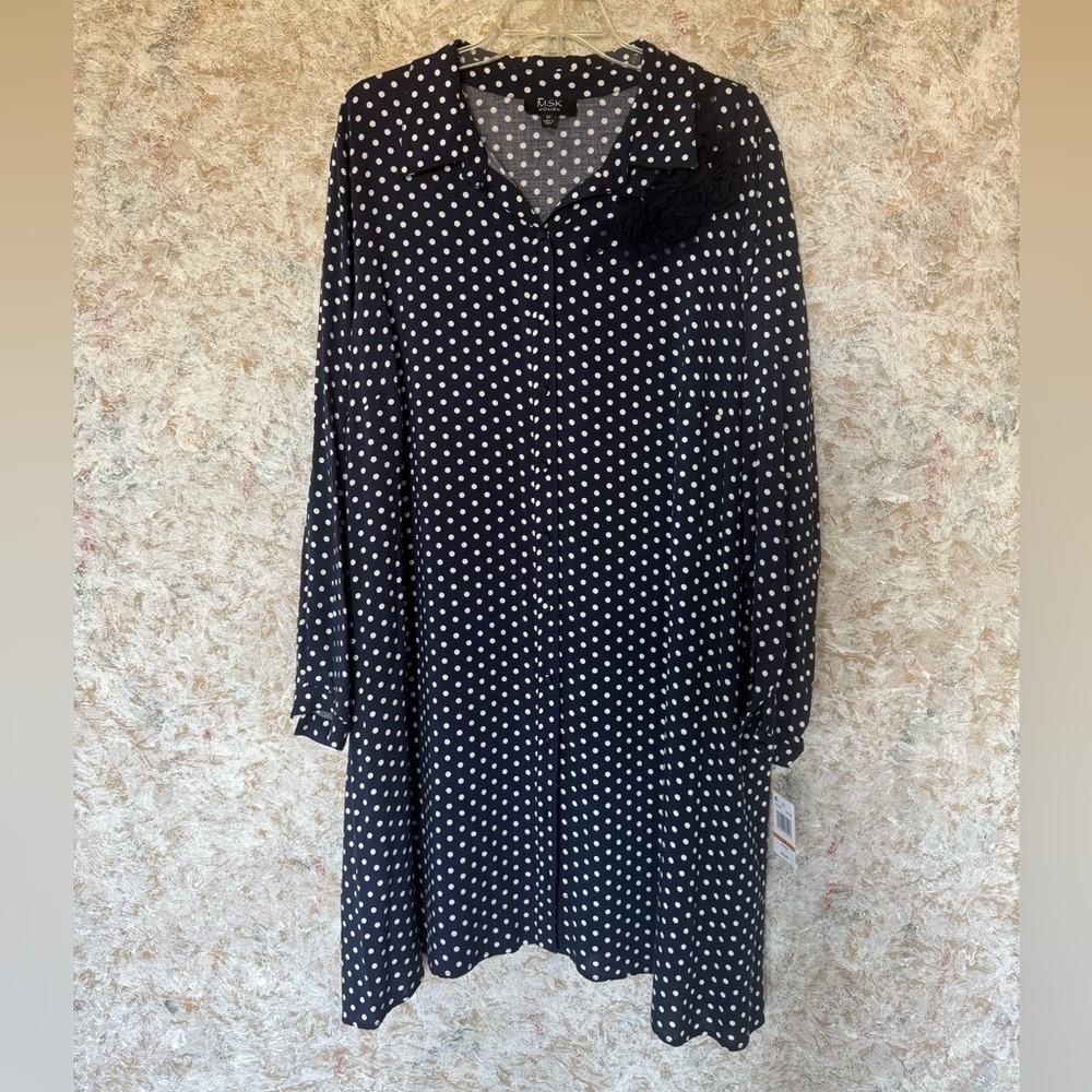 MSK Navy White Polka Dot Long Sleeve Dress